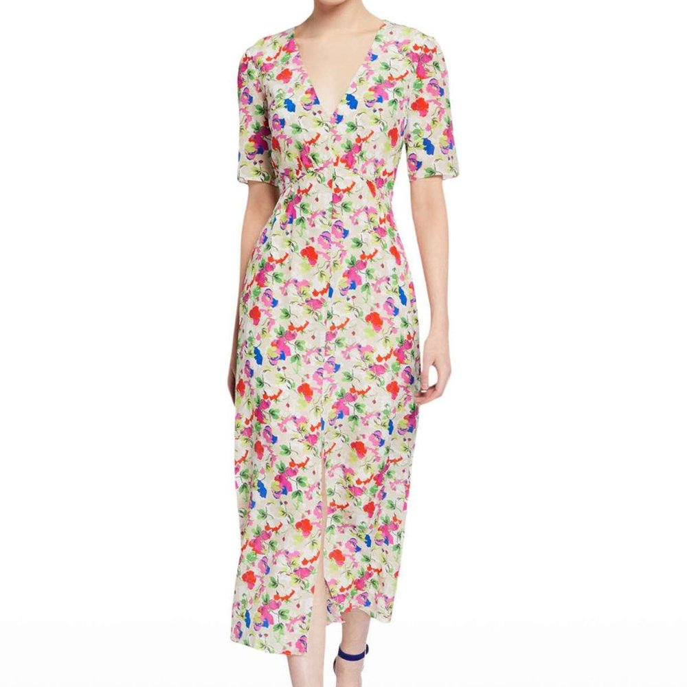 SALONI - Eden Front-Slit Silk Fawn Poppies Floral Midi Dress